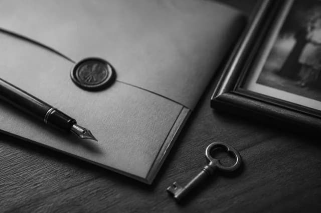 Fountain pen, sealed document envelope, key, and family photograph