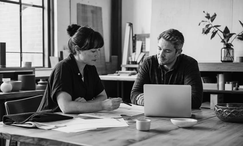 Small business owner and tax advisor planning together in a studio