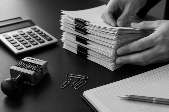 Hands organizing invoices beside a calculator and accounting ledger
