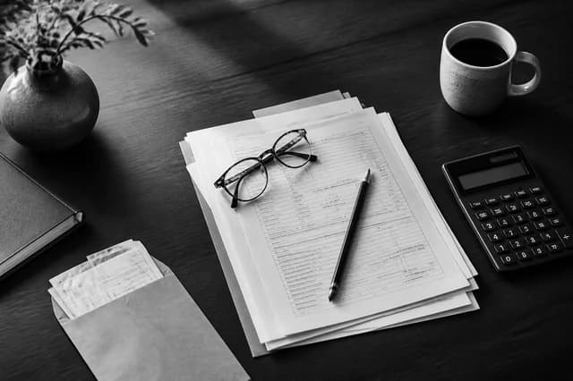 Organized tax documents, calculator, glasses, and pencil on a desk