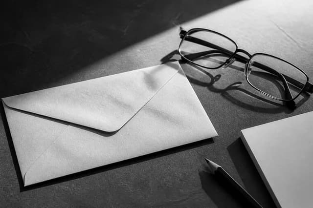 Official-style envelope, reading glasses, pencil, and blank notepad